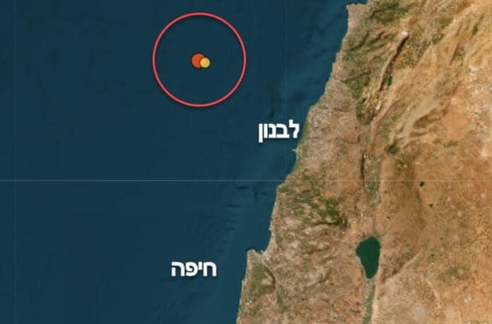 רעידת אדמה מול חופי לבנון - הורגשה היטב בחיפה (מפה באדיבות המכון הגיאולוגי לישראל)