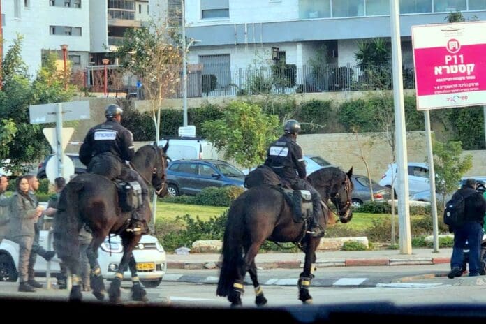 פרשי משטרה באזור אצטדיון סמי עופר בחיפה - התפרעויות האוהדים (צילום: יוסף הירש)